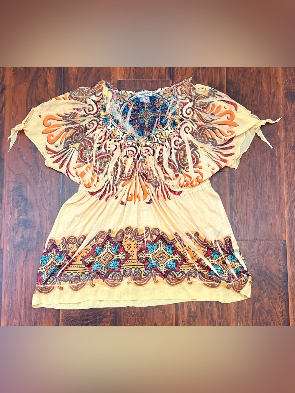 One World Boho Paisley Printed Empire Waist Tunic Blouse Tie Sleeve